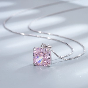 925 silver necklace featuring a square ice-cut pink carbon diamond pendant on box chain
