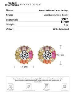 Detail view of S925 sterling silver colorful zircon sunflower stud earrings with dimensions
