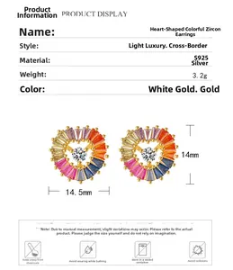 Detailed size chart and specifications for heart-shaped zircon 925 silver stud earrings