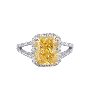 Luxe S925 sterling silver ring with 8x10 yellow radiant cut high carbon diamond halo