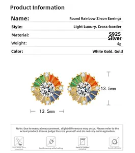 Detail view of S925 silver rainbow zircon earrings with size and material specifications