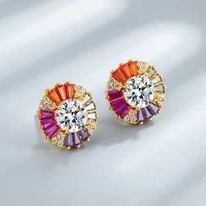 Elegant S925 silver round earrings featuring colorful stones and brilliant halo crystal