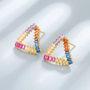 Orecchini a triangolo in argento S925 con zirconi colorati taglio baguette arcobaleno