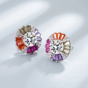 S925 silver round stud earrings featuring colorful gemstones and a bright white zircon