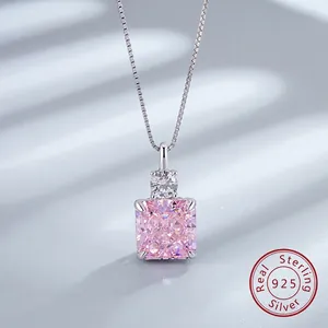 S925 Sterling Silver Square Cut Zirconia Necklace For Women Elegant Ice Flower High Carbon Diamond Pendant Box Chain Jewelry