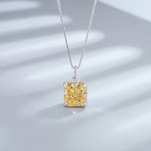 925 Sterling Silver Princess Cut Square Yellow Pink Blue Zirconia Pendant Necklace For Women Fashion Box Chain Jewelry Gift