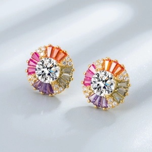 S925 sterling silver round colorful zircon stud earrings with radiant sunflower design
