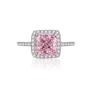 Luxurious S925 silver halo ring with cushion-cut pink carbon diamond and pavé side stones