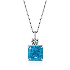 S925 sterling silver necklace with square blue ice-cut zircon and round white gemstone