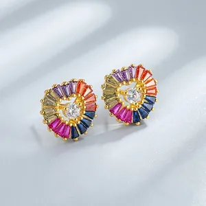 925 Sterling Silver Rainbow Zirconia Heart Stud Earrings For Women Baguette Cut Heart Shaped Fashion Jewelry Gift