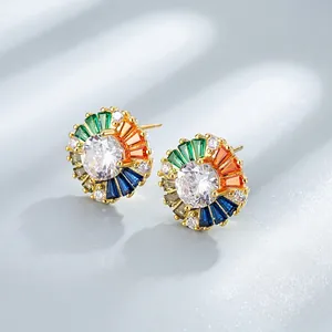 925 Sterling Silver Colorful Zirconia Stud Earrings 18K Gold Plated Round Sunflower Geometric Sparkly Jewelry For Women