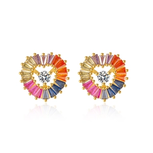 Rainbow heart stud earrings with multi-colored crystals in 925 sterling silver