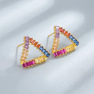 925 Argento Sterling Triangolo Orecchini a Bottone per Donna Multicolore Zirconia Intarsiato Geometrico Arcobaleno Blocchi di Colore Orecchini