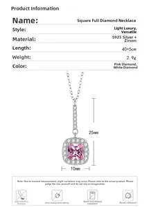 Detailed size chart of S925 silver necklace with square pink zircon pendant