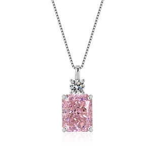 Elegant S925 sterling silver necklace with pink rectangular zircon pendant and box chain