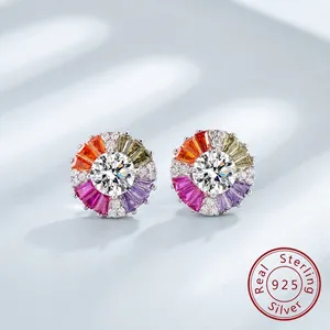 925 Sterling Silver Multicolor Round Zirconia Stud Earrings For Women Colorful Geometric Inlaid Luxury Daily Jewelry Gift