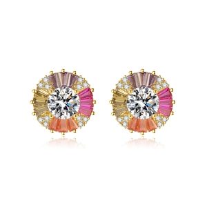 Sparkling S925 sterling silver colorful gradient round stud earrings with gold plating