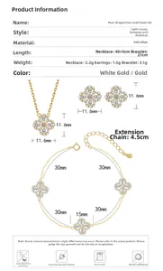 Size chart showing S925 silver pear-shaped clover necklace, bracelet and earrings dimensions