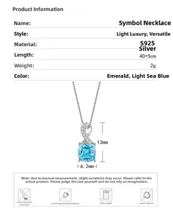 Collier en argent S925 avec pendentif carré bleu et détails de longueur 40+5 cm