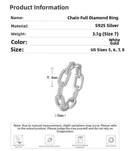Detailed size specifications for S925 silver chain ring with micro-pave cubic zirconia