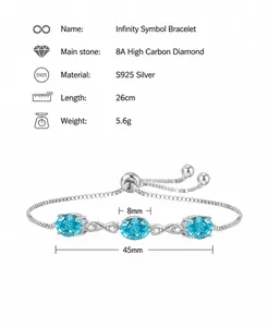 Detail van S925 zilveren infinity armband met blauwe diamant en 26 cm verstelbare ketting