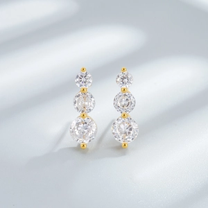 Elegant gold-plated S925 sterling silver triple stone drop earrings with sparkling cubic zirconia