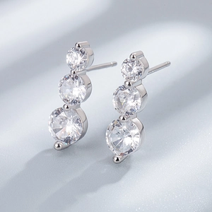 Elegant S925 sterling silver stud earrings with three vertical brilliant-cut round zircons