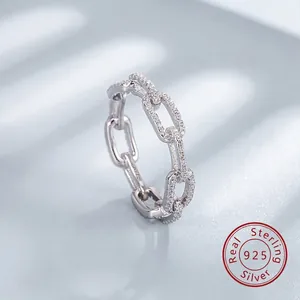 925 Sterling Silver Chain Link Ring Women Rhinestone Inlaid Minimalist Industrial Style Fashion Jewelry Finger Ring Accessory