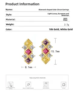 Detailed dimensions of S925 silver rhombic earrings with colorful cubic zirconia