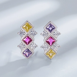 Luxurious S925 silver stud earrings featuring colorful rhombic cubic zirconia stones