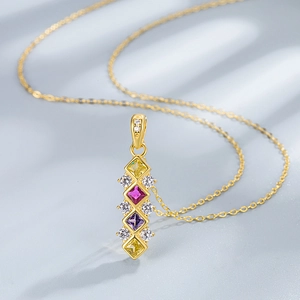 Exquisite S925 sterling silver gold necklace with colorful geometric vertical pendant
