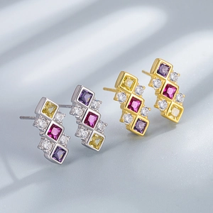 925 silver geometric stud earrings with purple and red gems in gold and silver plating