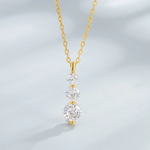 Elegant S925 sterling silver gold necklace with three graduated white zircon pendants