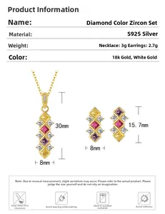 Detailed size specifications of 925 silver rhombic jewelry set with colorful zircons