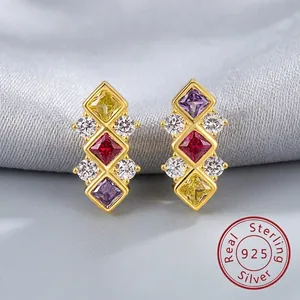 Luxurious 925 Sterling Silver Geometric Stud Earrings For Women Square Colored Zirconia Inlaid Gold Silver Plated Jewelry