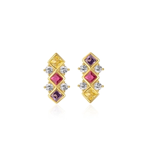 Elegant geometric S925 silver studs with colorful rhombus zircons and gold plating