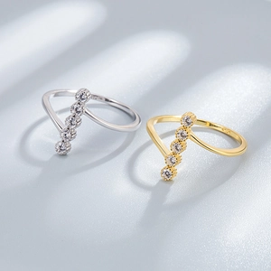 Bagues en V élégantes en argent sterling S925 avec diamants ronds en or et argent