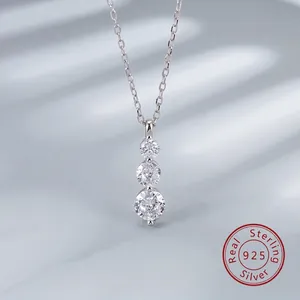 925 Sterling Silver Three Stone Drop Pendant Necklace For Women White Gold Geometric Rhinestone Inlaid Clavicle Chain Jewelry