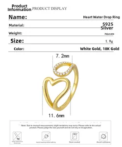 Detail of S925 silver heart waterdrop ring showing micro-set zircon stones and dimensions