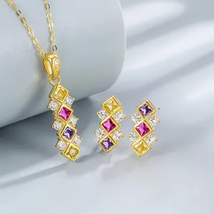 Luxury 925 Sterling Silver Geometric Rhombus Necklace And Earrings For Women Elegant Light Luxury Colorful Rhinestone Inlaid Jewelry