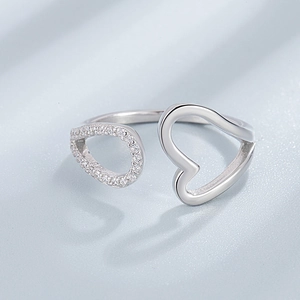 S925 sterling silver open ring with hollow heart and zircon water drop design