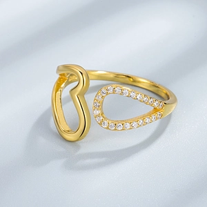 Minimalist S925 sterling silver gold ring with letter B and water drop zircon design