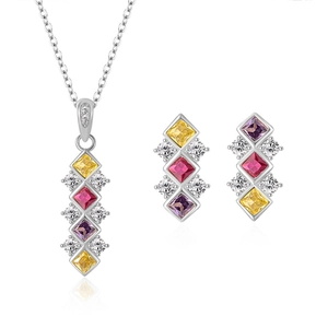 925 silver jewelry set with colorful geometric pendant necklace and matching earrings