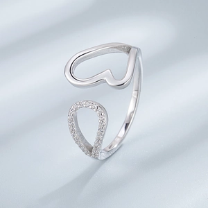 S925 sterling silver open ring with hollow heart and zircon-inlaid waterdrop design