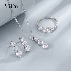 925 Sterling Silver Jewelry Set For Women Graduated Three Rhinestone Necklace Earrings And Ring Elegant Inlaid Jewelry Gift