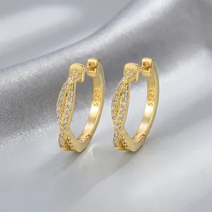 Boucles d'Oreilles Créoles Croisées en Argent Sterling 925 pour Femmes Strass Pavé Géométrique Petit Huggie Minimaliste Bijoux