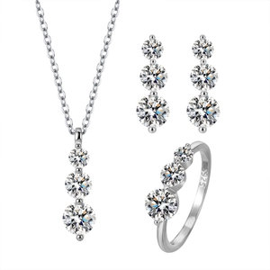 Elegant S925 sterling silver jewelry set featuring three-stone gradient necklace and earrings