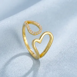 925 Sterling Silver Heart Waterdrop Open Ring For Women Minimalist Micro Inlaid Rhinestone Adjustable Finger Ring Jewelry Gift