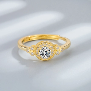 Sparkling star adjustable gold ring with halo brilliant-cut zircon for women