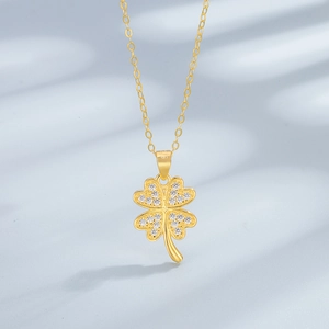Elegant gold S925 sterling silver four-leaf clover necklace with sparkling white zircons